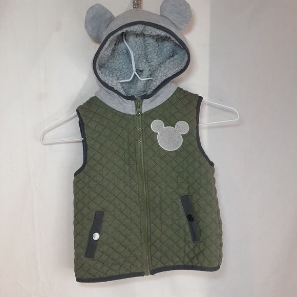 Disney Jr Mickey Toddler‎ Boy's 4T Quilted Vest Green Gray Full Zip Ears on Hood - Picture 1 of 12